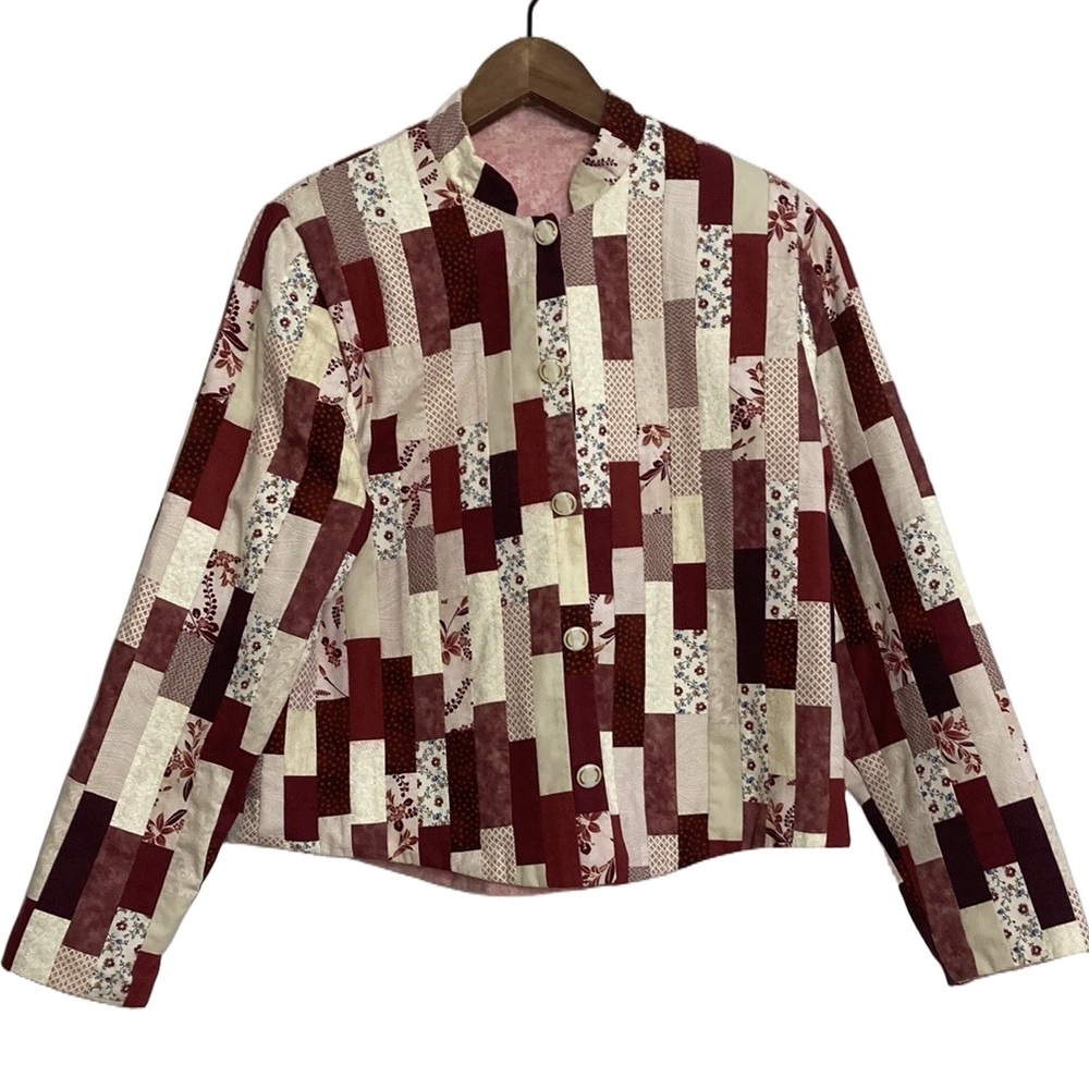 Handmade Jacket Womens Large Pink Ivory Floral Quilted Patchwork Cottagecore